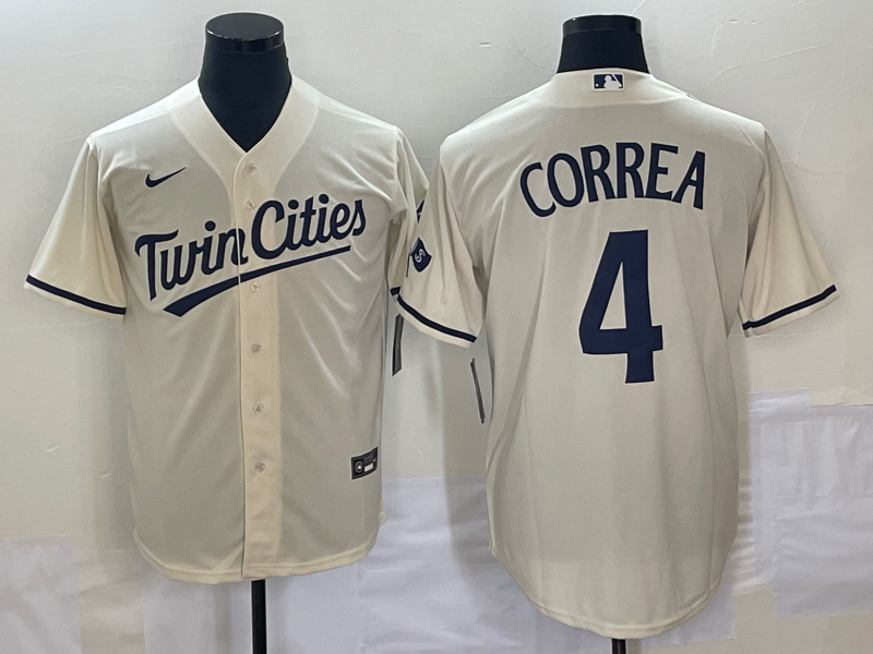 Men's Minnesota Twins #4 Carlos Correa Cream Cool Base Stitched Jersey